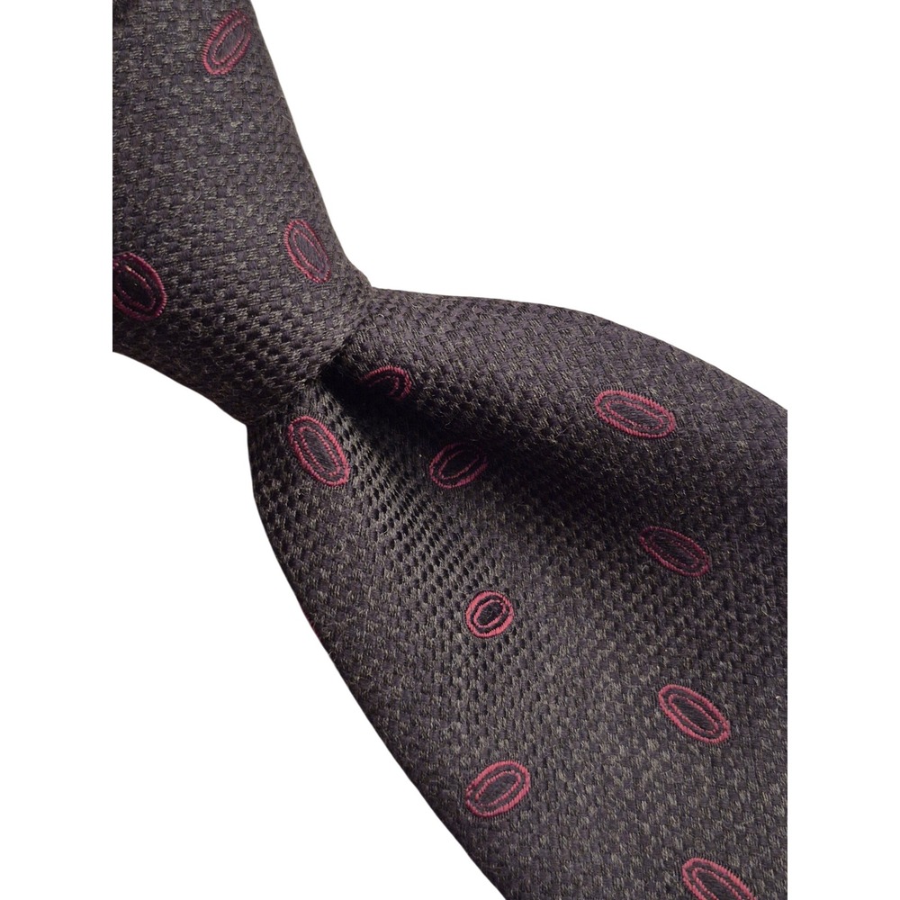 Lorenzini Hand Made in Italy Silk Blend Red Geometric Oval Pattern Necktie Black